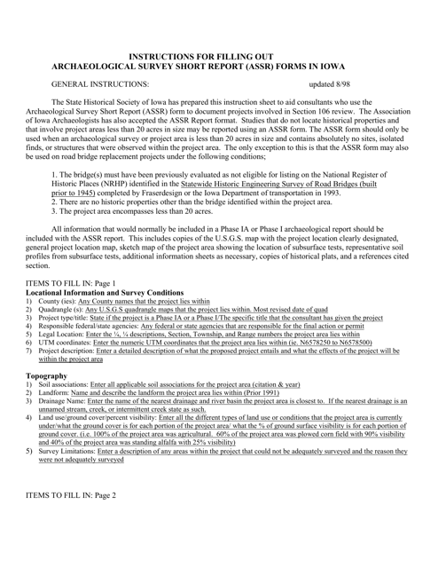 Instructions for Archaeological Survey Short Report Form - Iowa Download Pdf