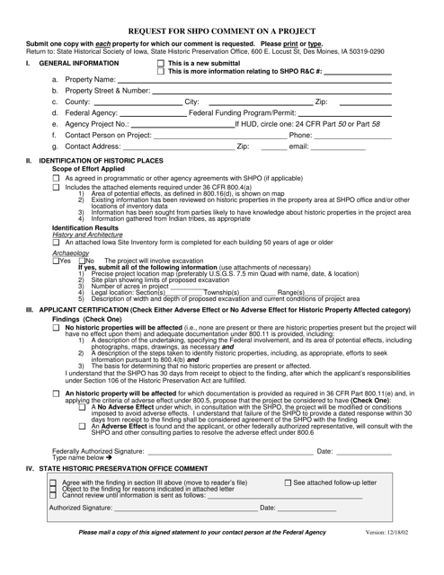 Request for Shpo Comment on a Project - Iowa Download Pdf