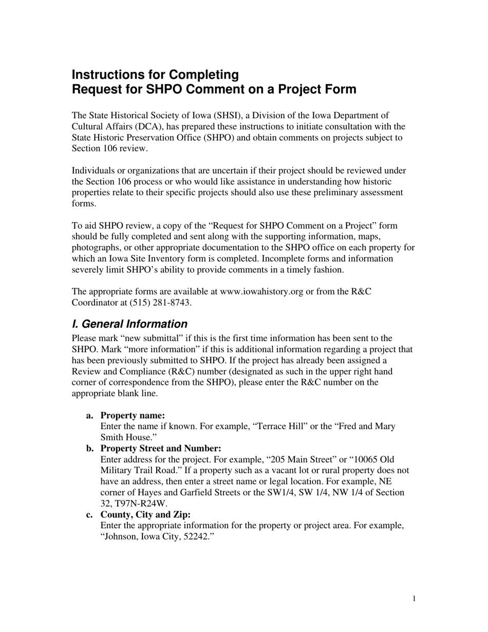 Instructions for Request for Shpo Comment on a Project - Iowa, Page 1