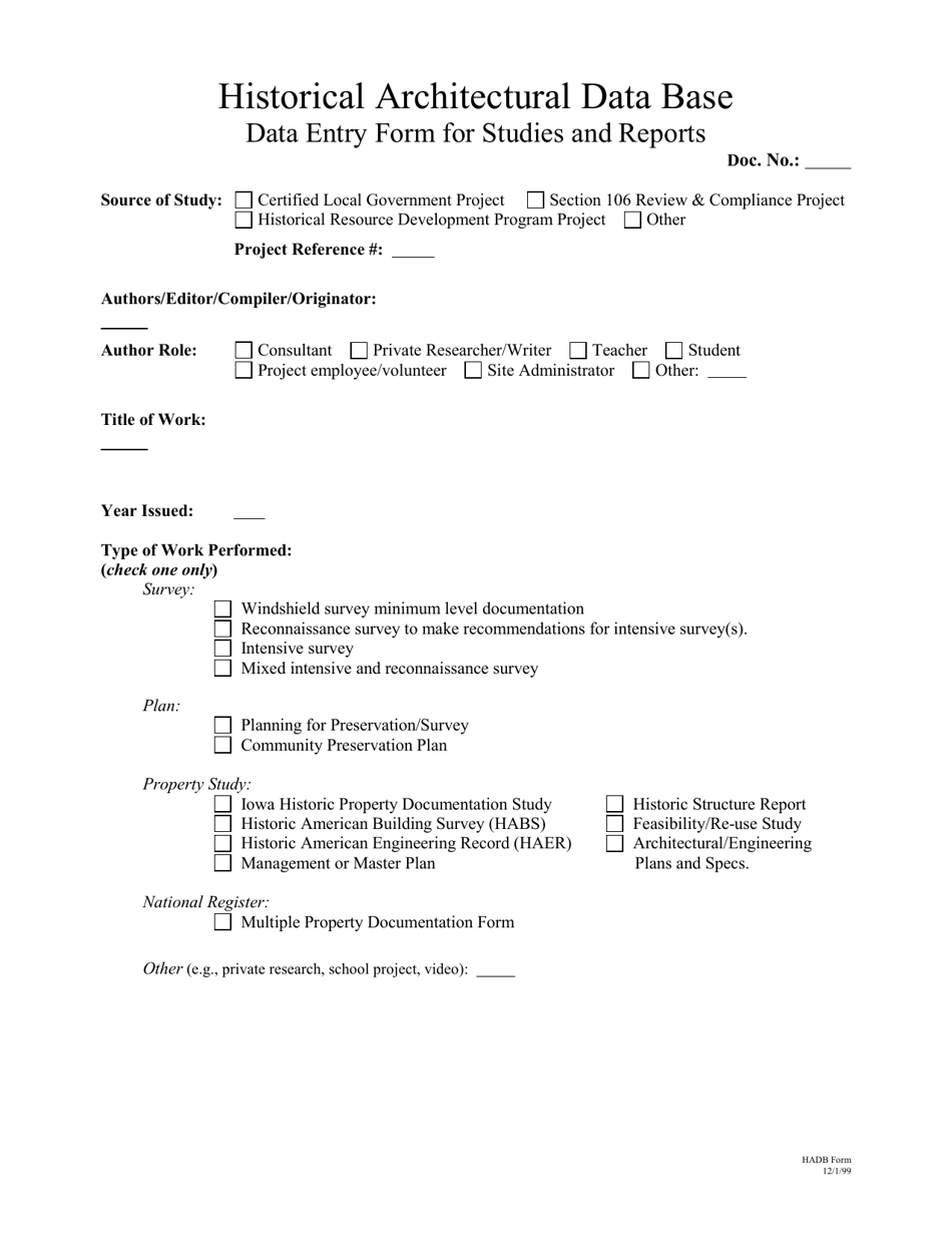 Historical Architectural Data Base Form - Iowa, Page 1