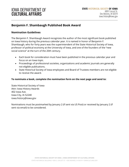 Benjamin F. Shambaugh Published Book Award Nomination Form - Iowa Download Pdf