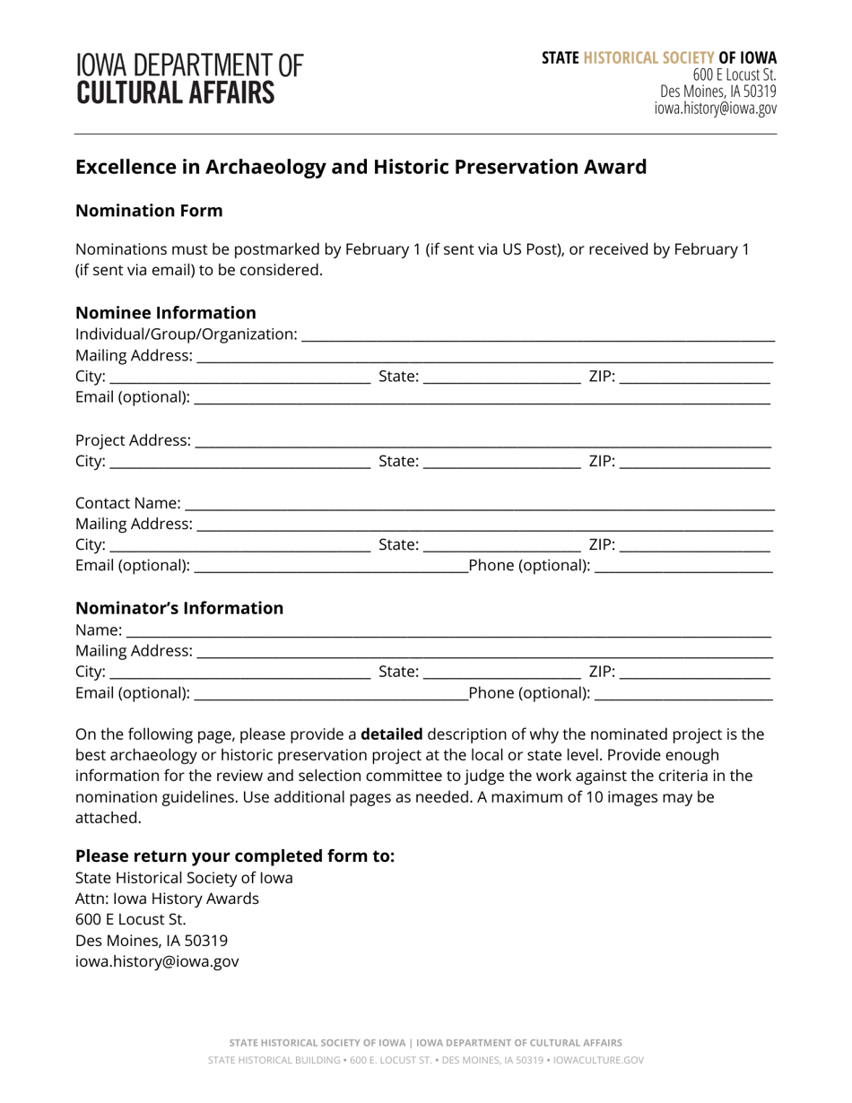Excellence in Archaeology and Historic Preservation Award Nomination Form - Iowa, Page 2