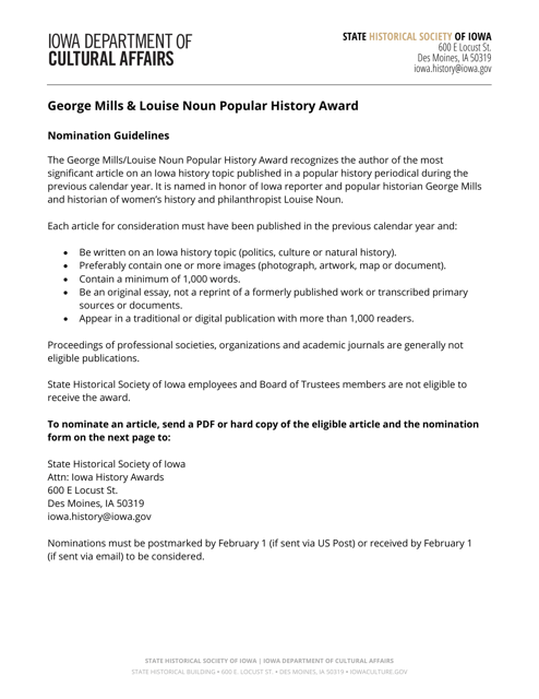George Mills & Louise Noun Popular History Award Nomination Form - Iowa Download Pdf