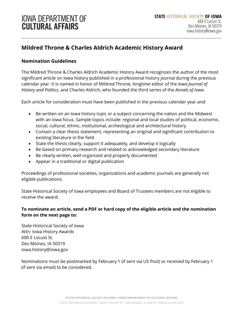 Mildred Throne & Charles Aldrich Academic History Award Nomination Form - Iowa Download Pdf