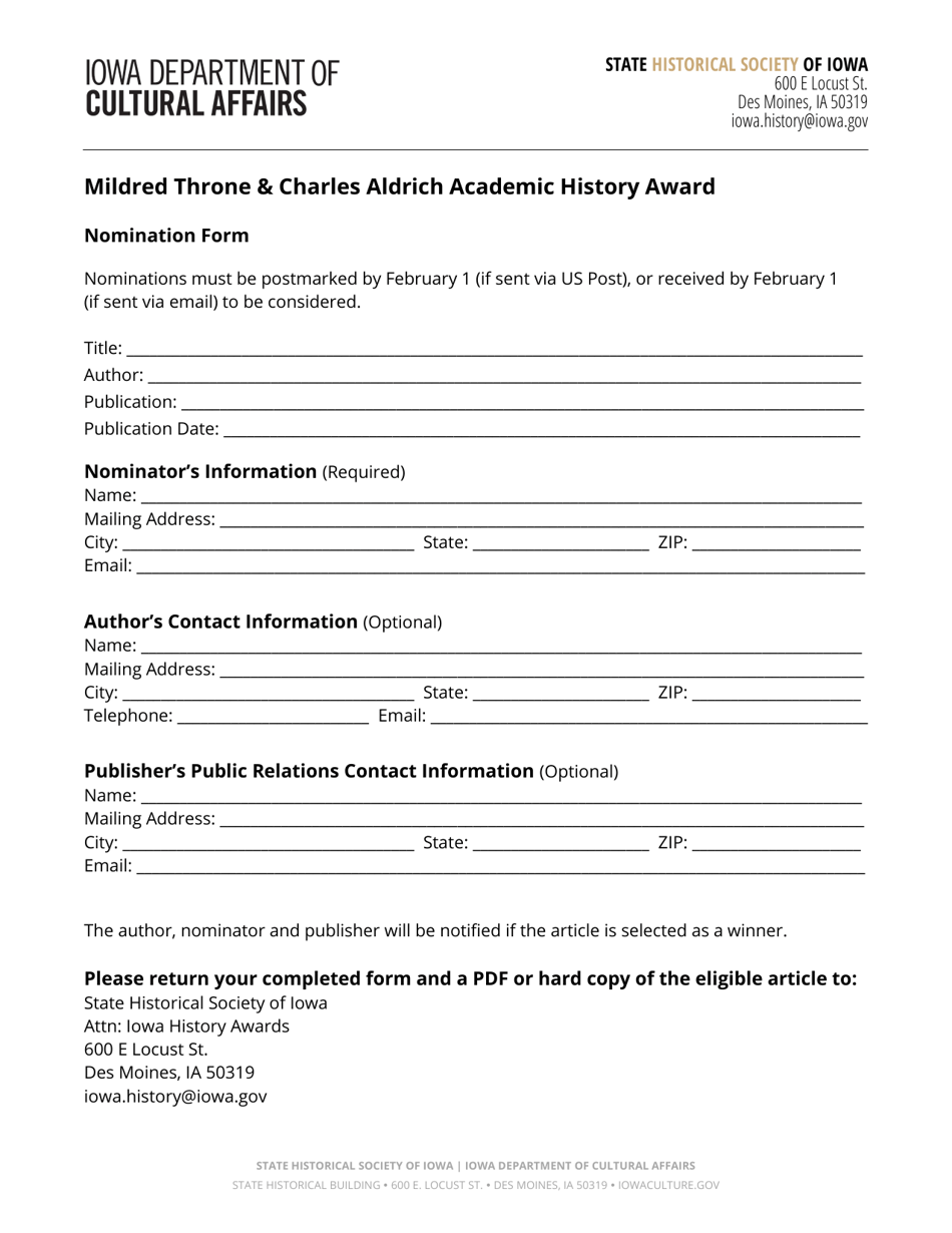 Mildred Throne  Charles Aldrich Academic History Award Nomination Form - Iowa, Page 2