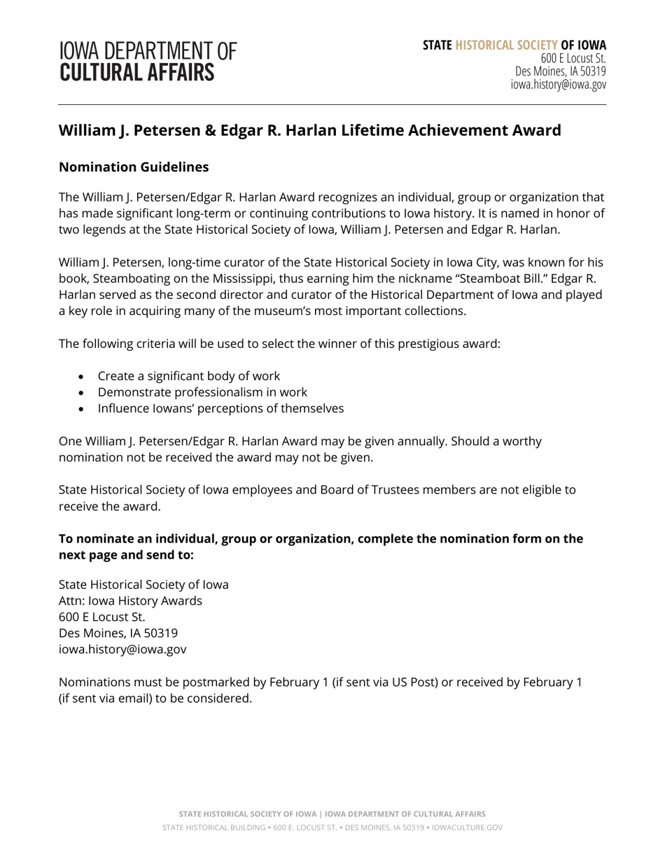 William J. Petersen  Edgar R. Harlan Lifetime Achievement Award Nomination Form - Iowa, Page 1