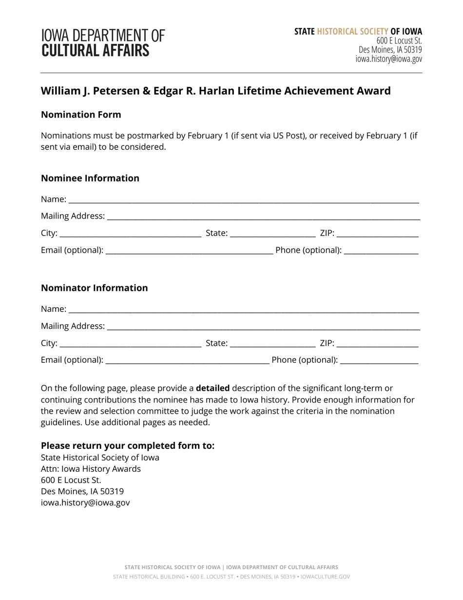 William J. Petersen  Edgar R. Harlan Lifetime Achievement Award Nomination Form - Iowa, Page 2