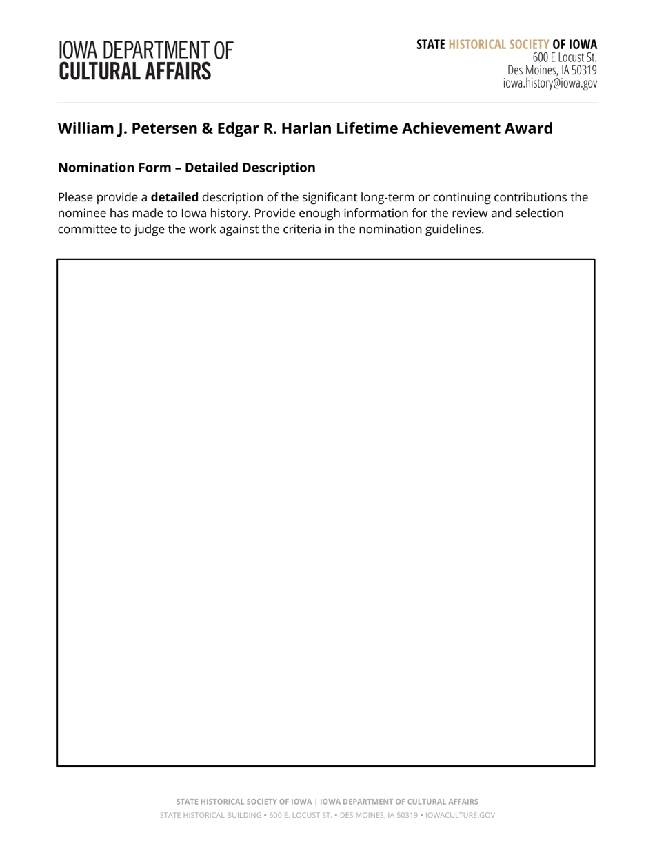 William J. Petersen  Edgar R. Harlan Lifetime Achievement Award Nomination Form - Iowa, Page 3