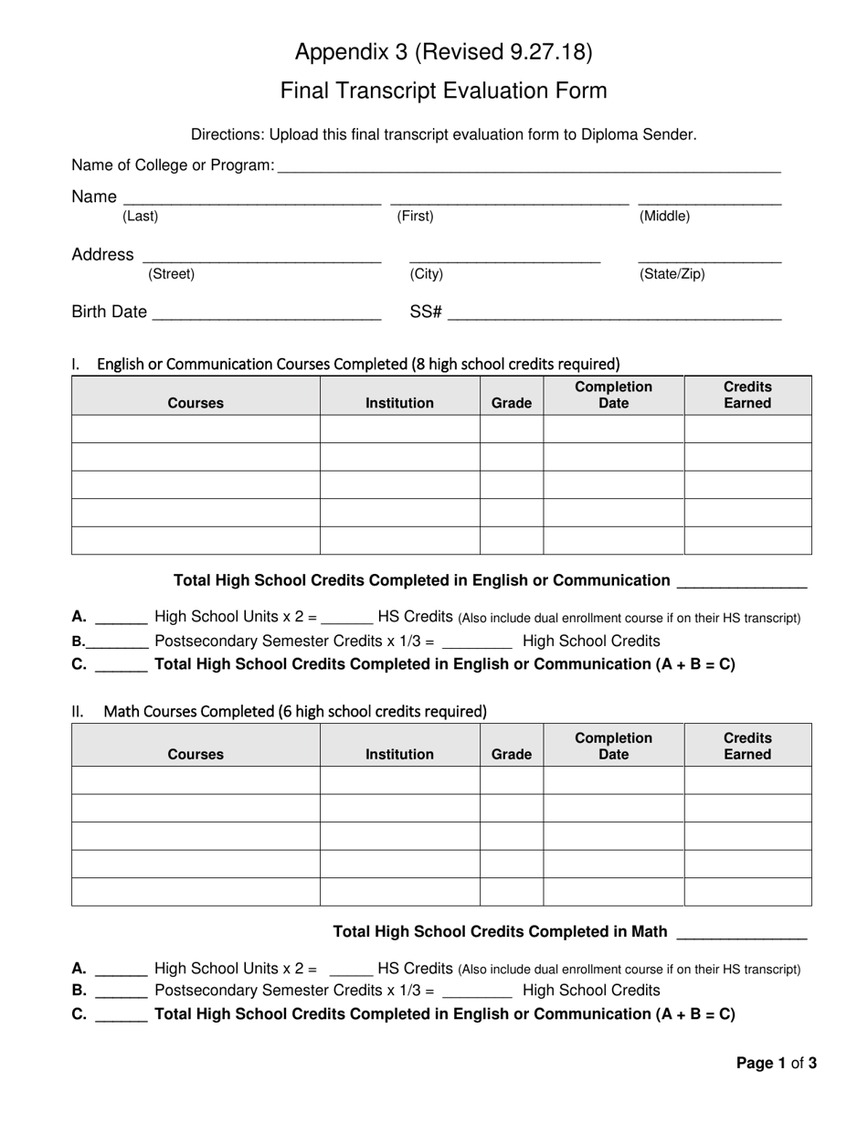 Appendix 3 Final Transcript Evaluation Form - Iowa, Page 1