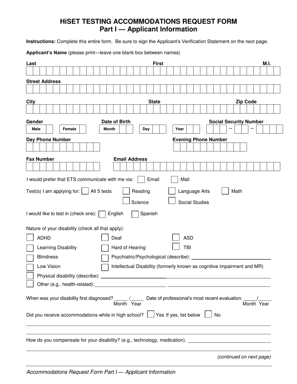 Hiset Testing Accommodations Request Form - Iowa, Page 1