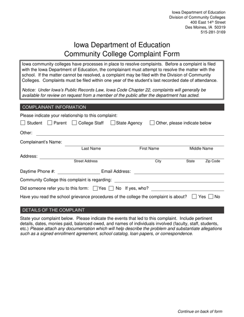 Community College Complaint Form - Iowa