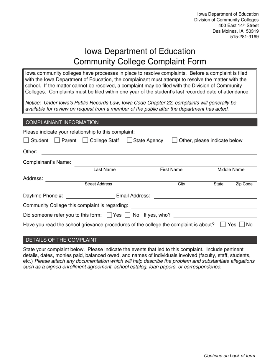 Iowa Community College Complaint Form - Fill Out, Sign Online and ...