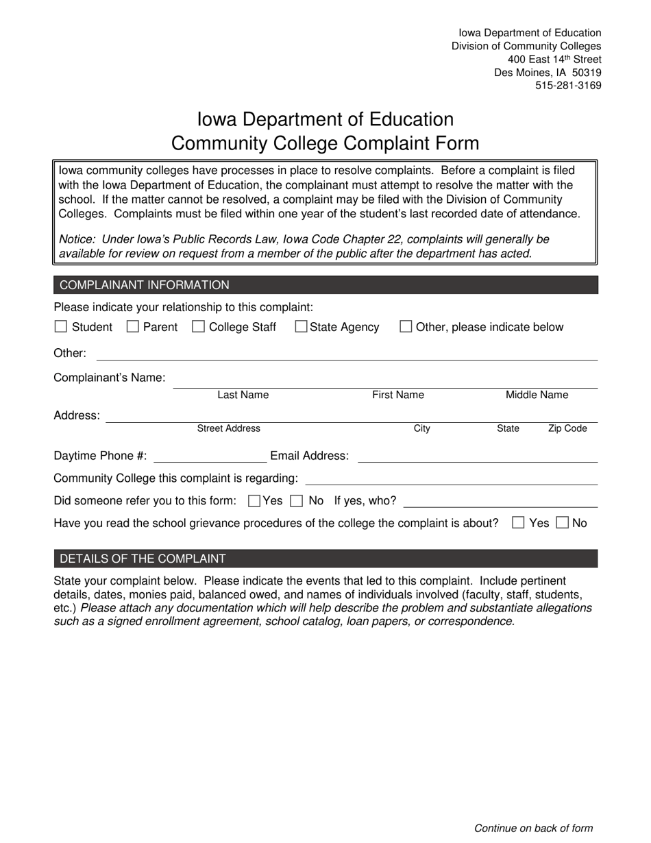Community College Complaint Form - Iowa, Page 1