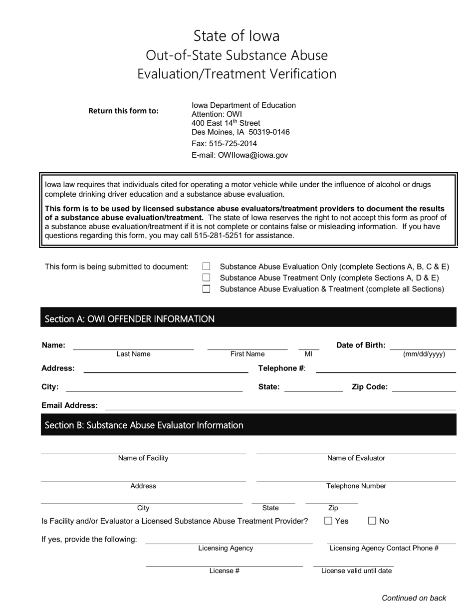 Form 2019 Out-of-State Substance Abuse Evaluation / Treatment Verification - Iowa, Page 1