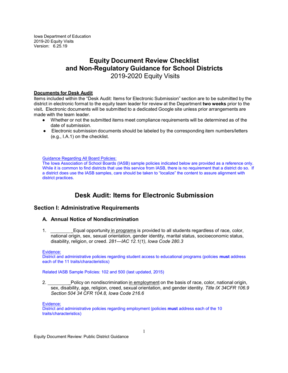 Equity Document Review Checklist and Non-regulatory Guidance for School Districts - Iowa, Page 1