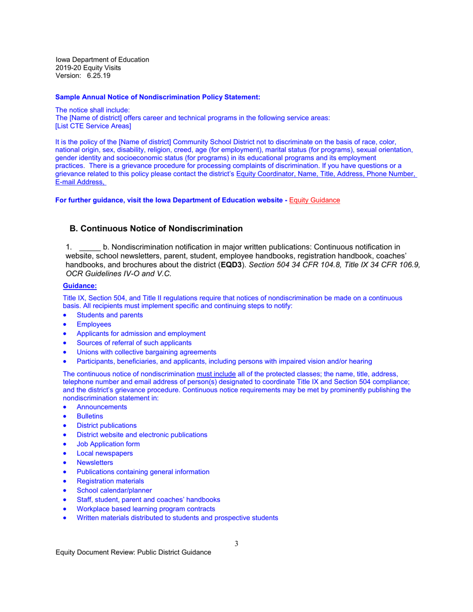 Equity Document Review Checklist and Non-regulatory Guidance for School Districts - Iowa, Page 3