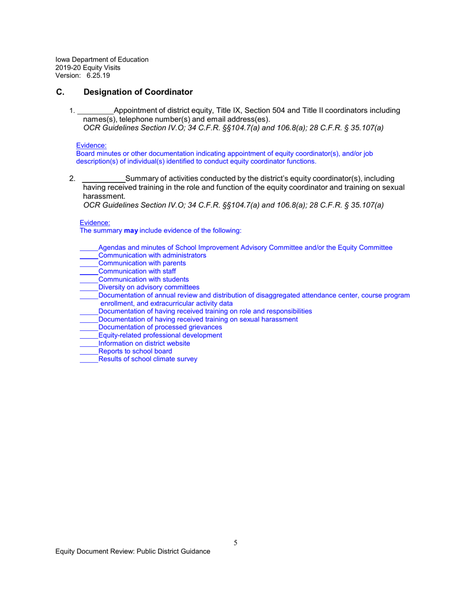 Equity Document Review Checklist and Non-regulatory Guidance for School Districts - Iowa, Page 5