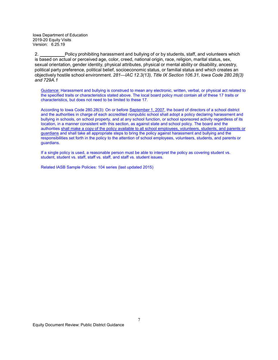 Equity Document Review Checklist and Non-regulatory Guidance for School Districts - Iowa, Page 7