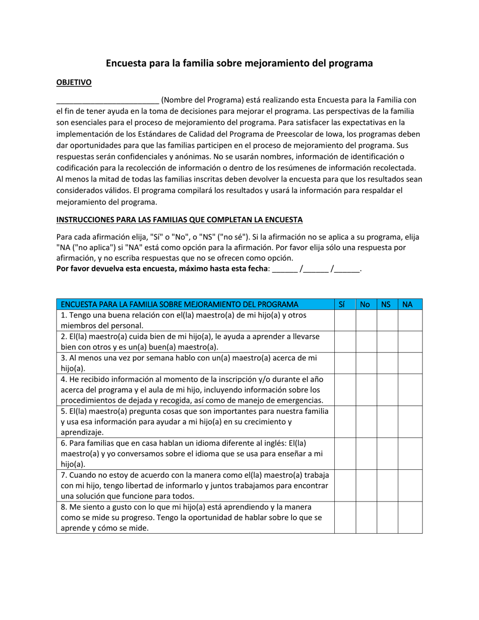 Encuesta Para La Familia Sobre Mejoramiento Del Programa - Iowa (Spanish), Page 1