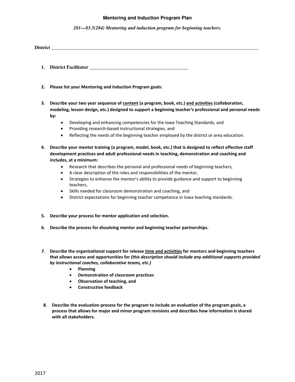 Mentoring and Induction Program Plan - Iowa, Page 1