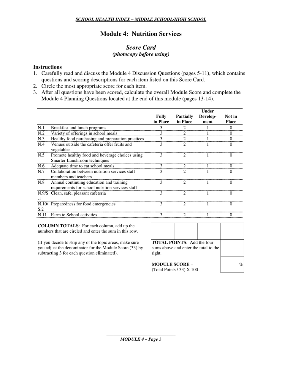 School Health Index - Middle School / High School - Module 4: Nutrition Services, Page 1