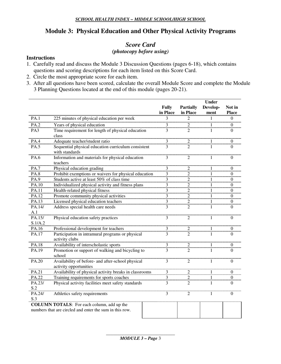 School Health Index - Middle School / High School - Module 3: Physical Education and Other Physical Activity Programs, Page 1
