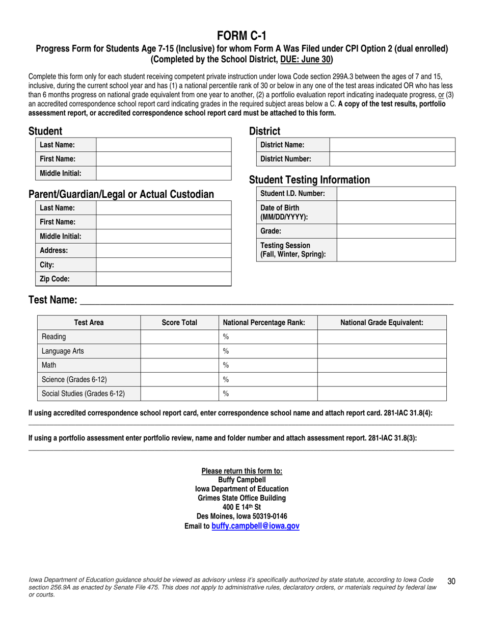 Form C-1 Progress Form for Students Age 7-15 (Inclusive) for Whom Form a Was Filed Under Cpi Option 2 (Dual Enrolled) - Iowa, Page 1