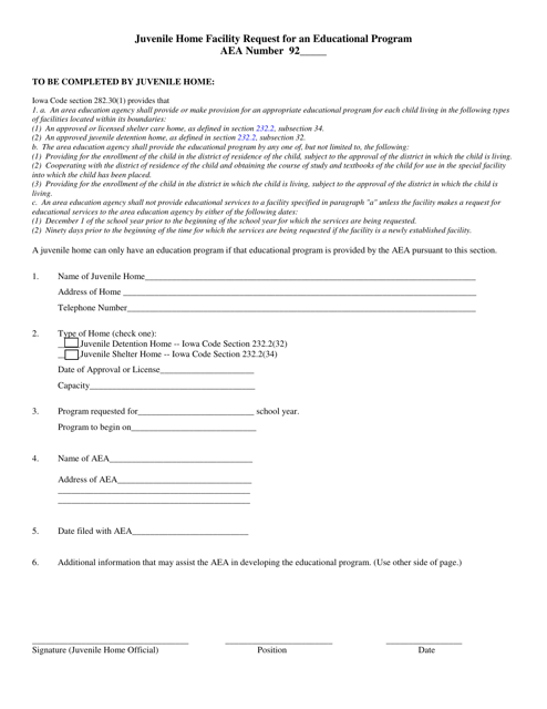 Juvenile Home Facility Request for an Educational Program - Iowa