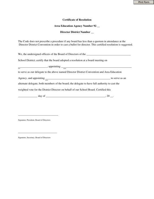 Certificate of Resolution - Iowa