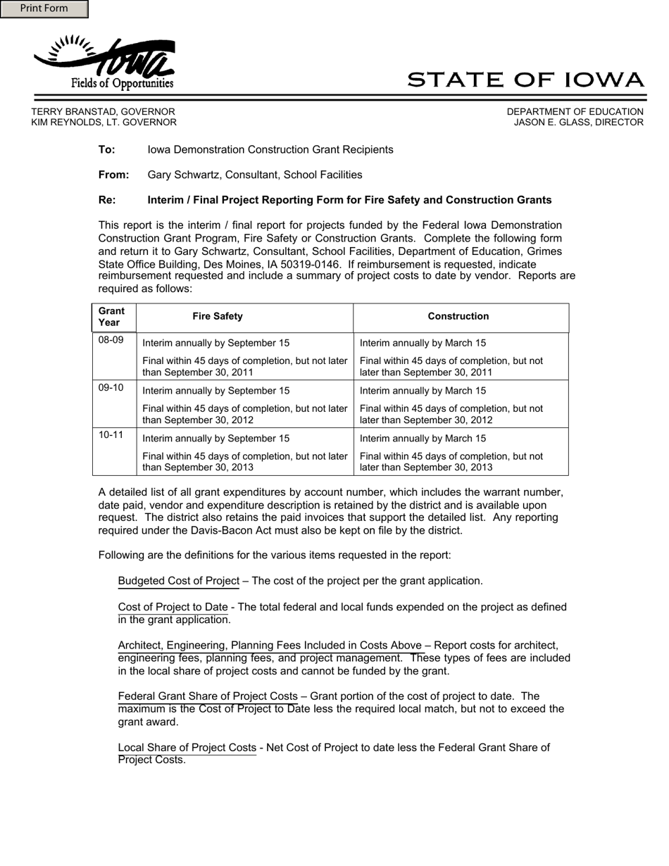 Federal Fire Safety or Construction Grants Interim / Final Project Report - Iowa, Page 1