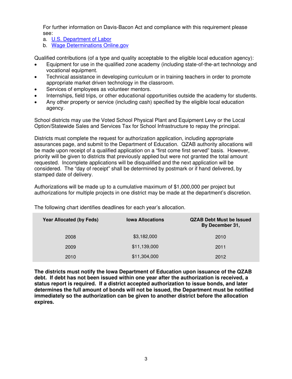 Request for Authorization to Issue Qualified Zone Academy Bonds - Iowa, Page 3
