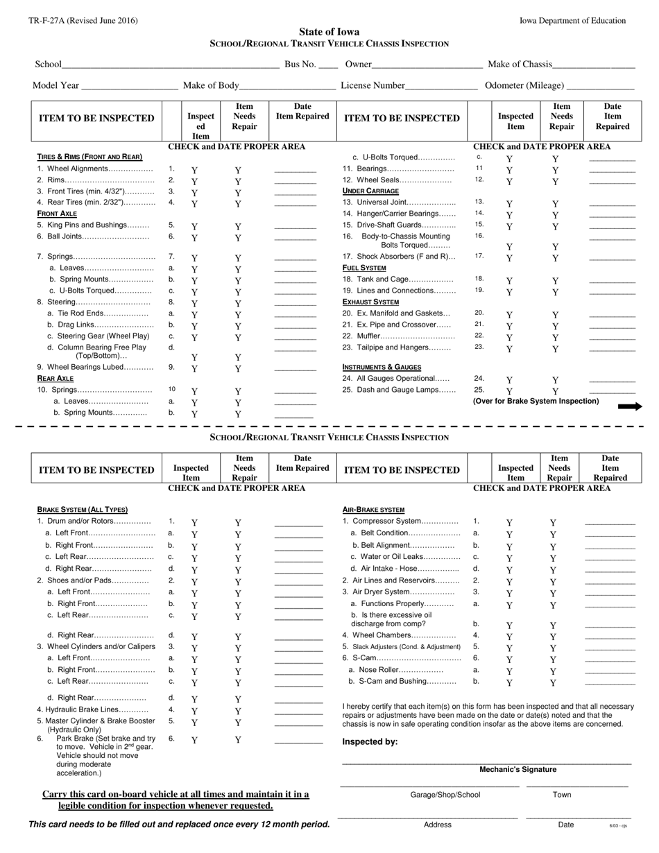 Form TR-F-27A School/Regional Transit Vehicle Chassis Inspection - Iowa, Page 1