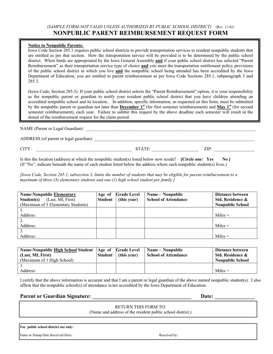 Iowa Nonpublic Parent Reimbursement Request Form Download Printable PDF