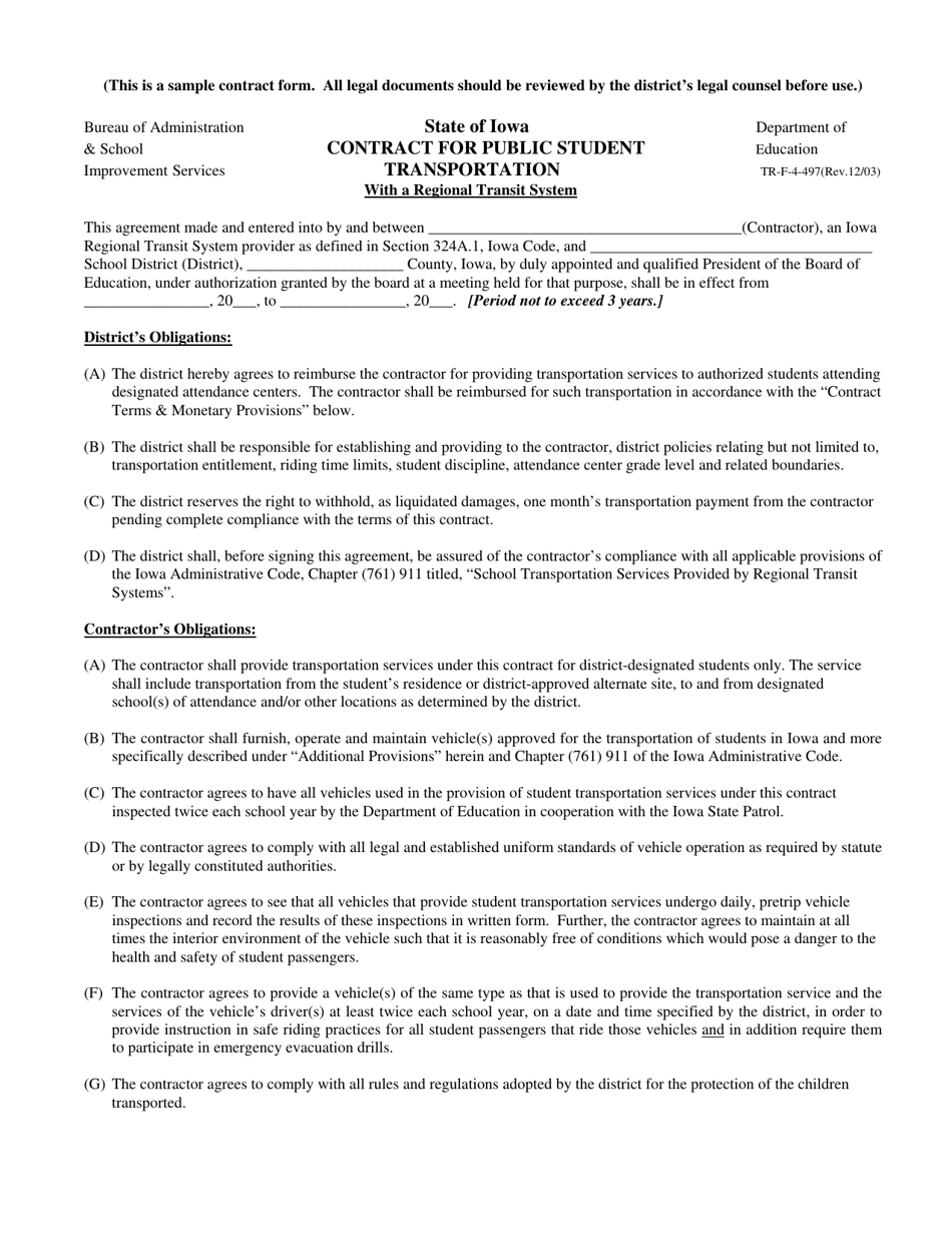 Form TR-F-4-497 Contract for Public Student Transportation With a Regional Transit System - Iowa, Page 1