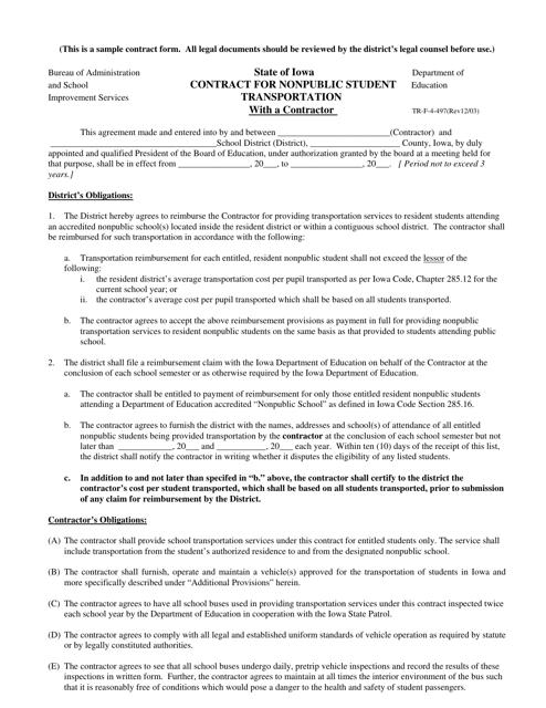 Form TR-F-4-497 Contract for Nonpublic Student Transportation With a Contractor - Iowa