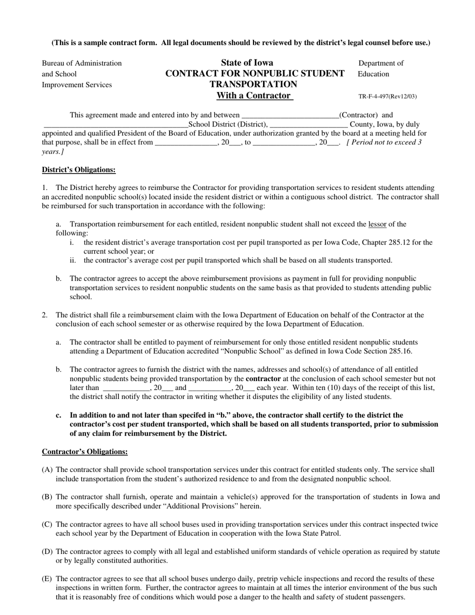 Form TR-F-4-497 Contract for Nonpublic Student Transportation With a Contractor - Iowa, Page 1