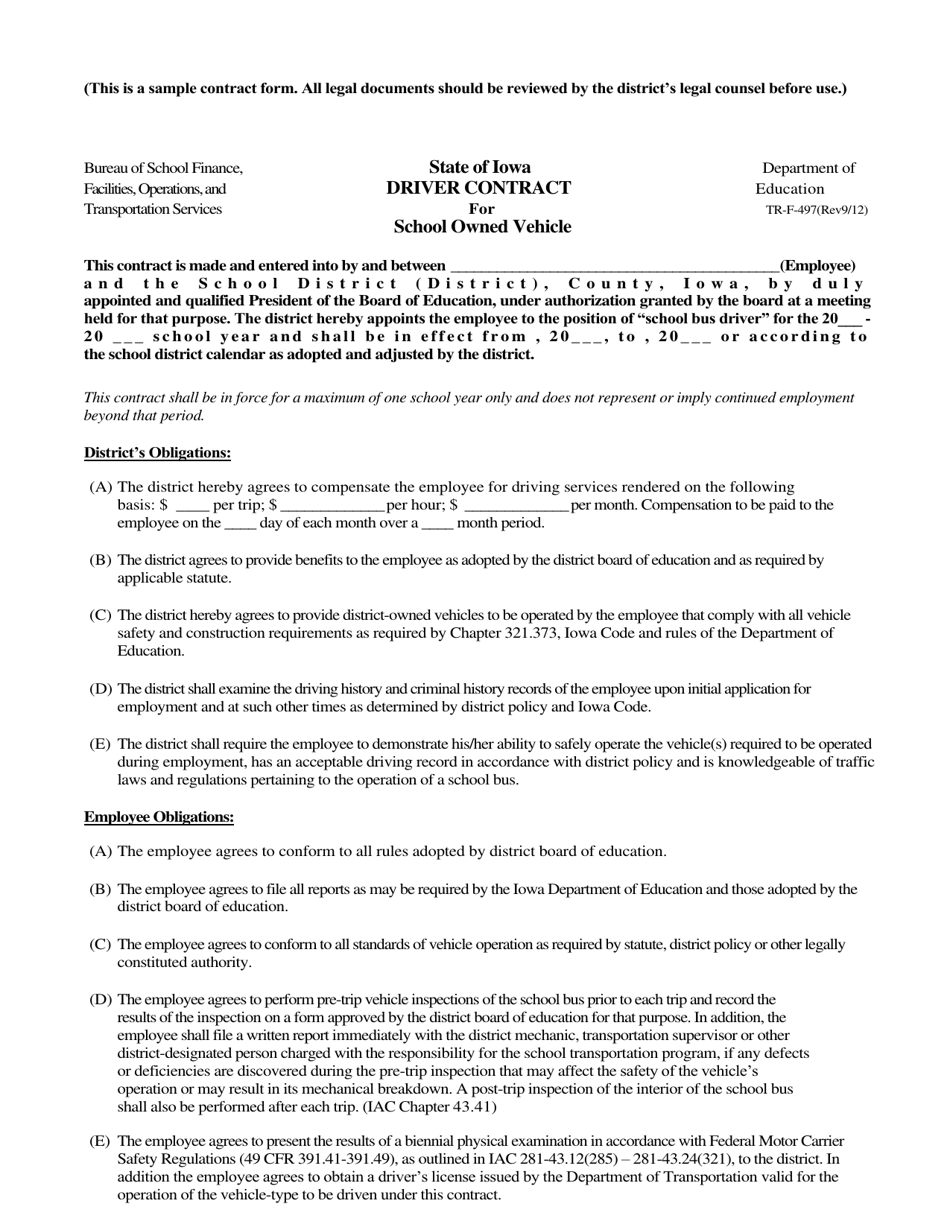Form TR-F-497 Driver Contract for School Owned Vehicle - Iowa, Page 1