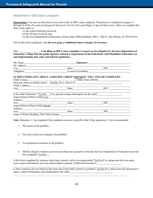 Model Form: Idea State Complaint - Iowa Download Pdf