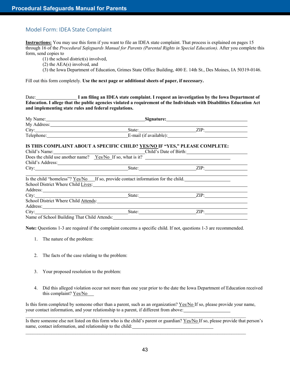 Model Form: Idea State Complaint - Iowa, Page 1