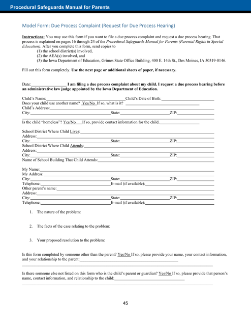 Model Form: Due Process Complaint (Request for Due Process Hearing) - Iowa Download Pdf