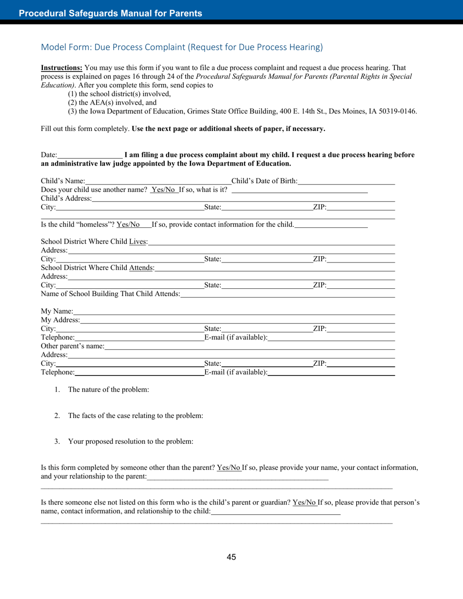 Model Form: Due Process Complaint (Request for Due Process Hearing) - Iowa, Page 1