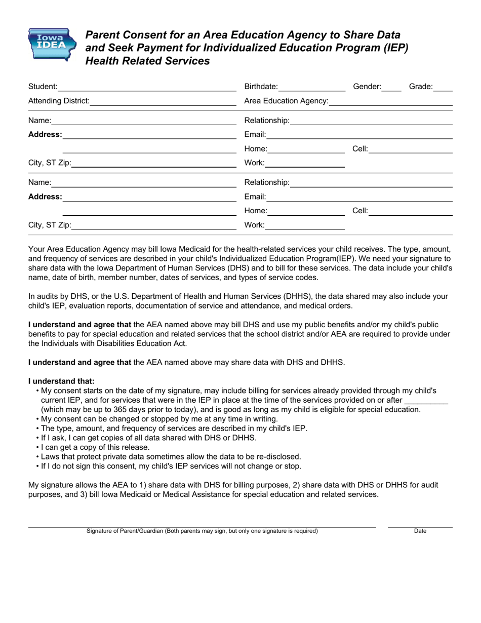 Parent Consent for an Area Education Agency to Share Data and Seek Payment for Individualized Education Program (Iep) Health Related Services - Iowa, Page 1