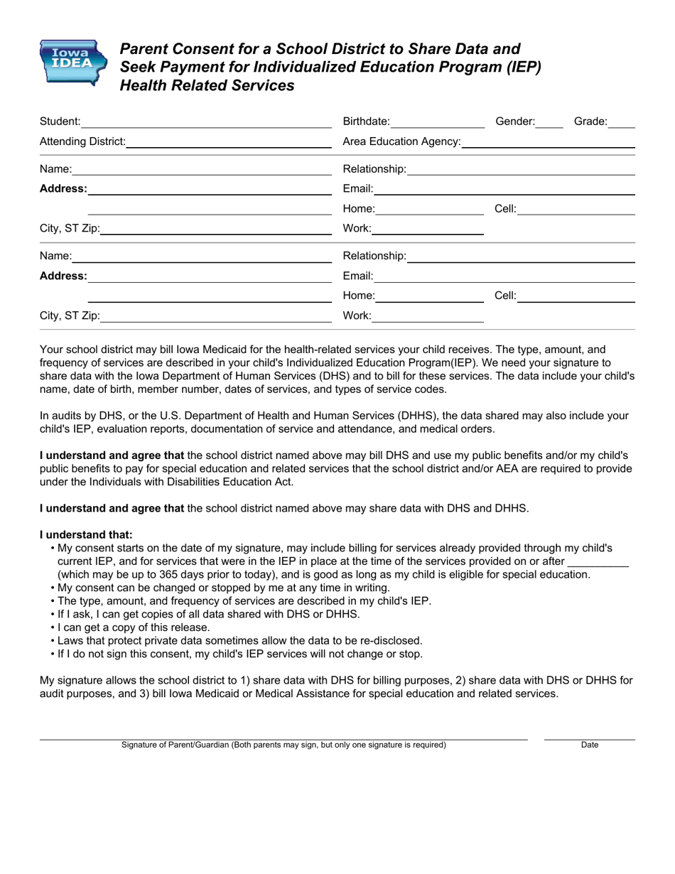Parent Consent for an Area Education Agency to Share Data and Seek Payment for Individualized Education Program (Iep) Health Related Services - Iowa, Page 3