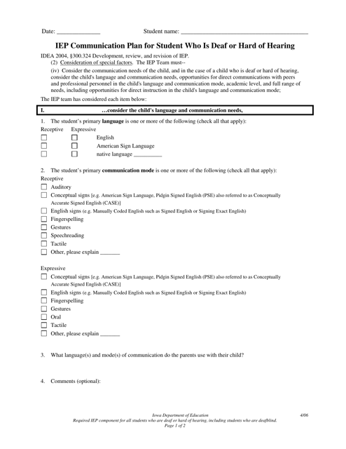 Iep Communication Plan for Student Who Is Deaf or Hard of Hearing - Iowa Download Pdf