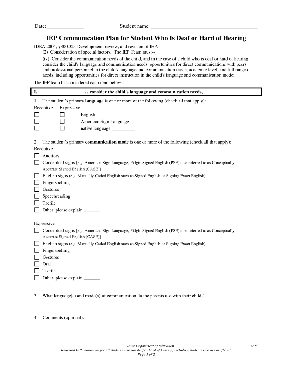 Iep Communication Plan for Student Who Is Deaf or Hard of Hearing - Iowa, Page 1