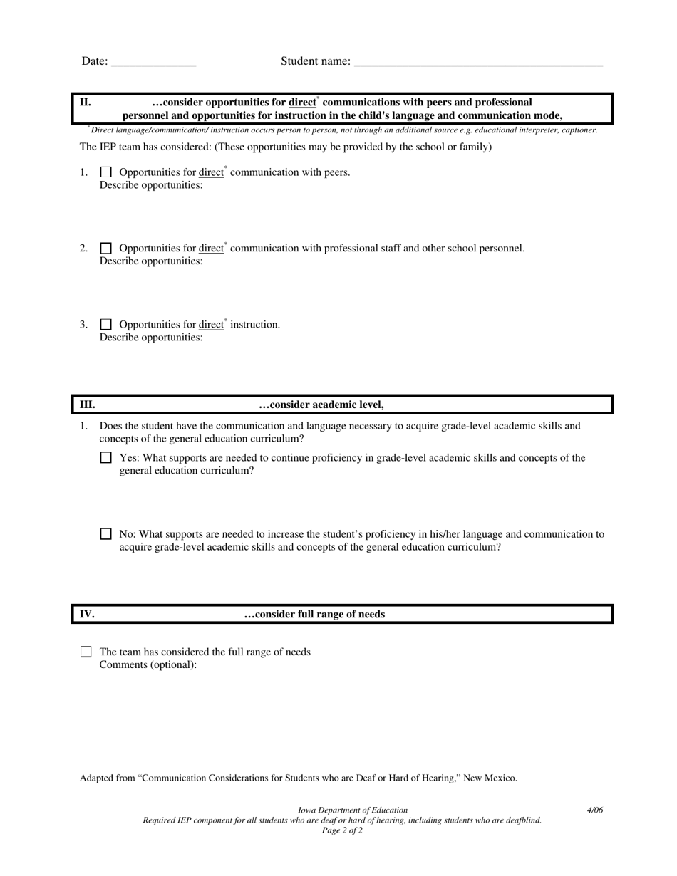 Iowa Iep Communication Plan for Student Who Is Deaf or Hard of Hearing ...