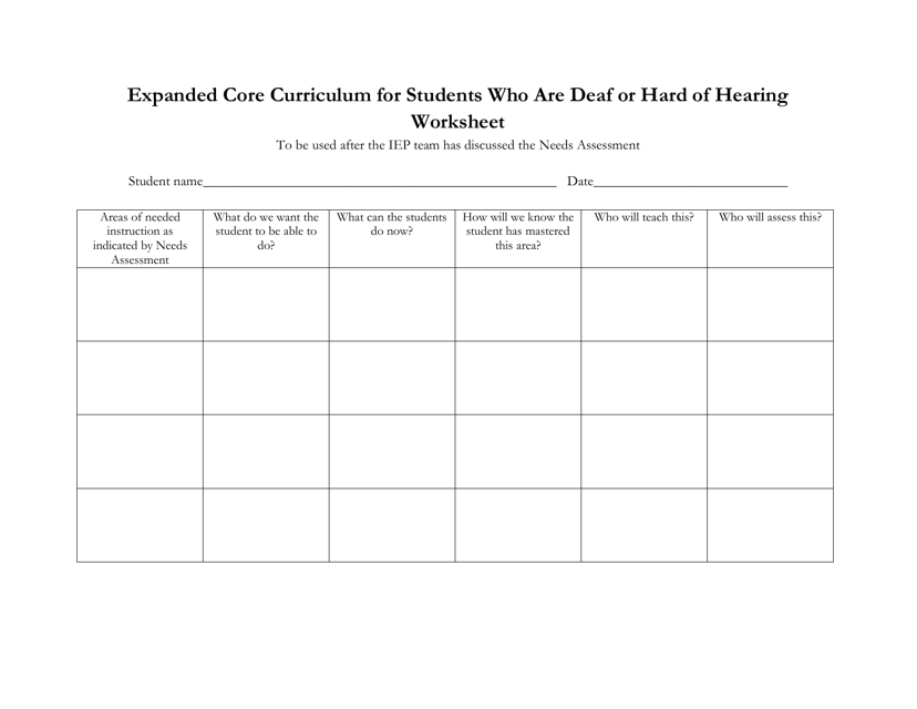 Expanded Core Curriculum for Students Who Are Deaf or Hard of Hearing Worksheet - Iowa Download Pdf