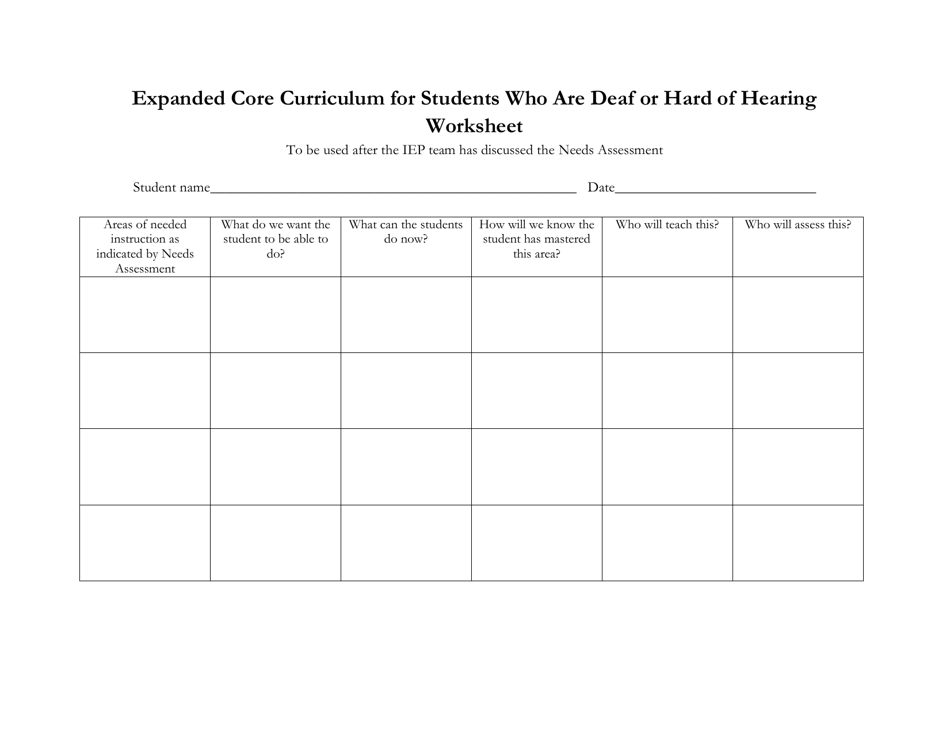 Expanded Core Curriculum for Students Who Are Deaf or Hard of Hearing Worksheet - Iowa, Page 1
