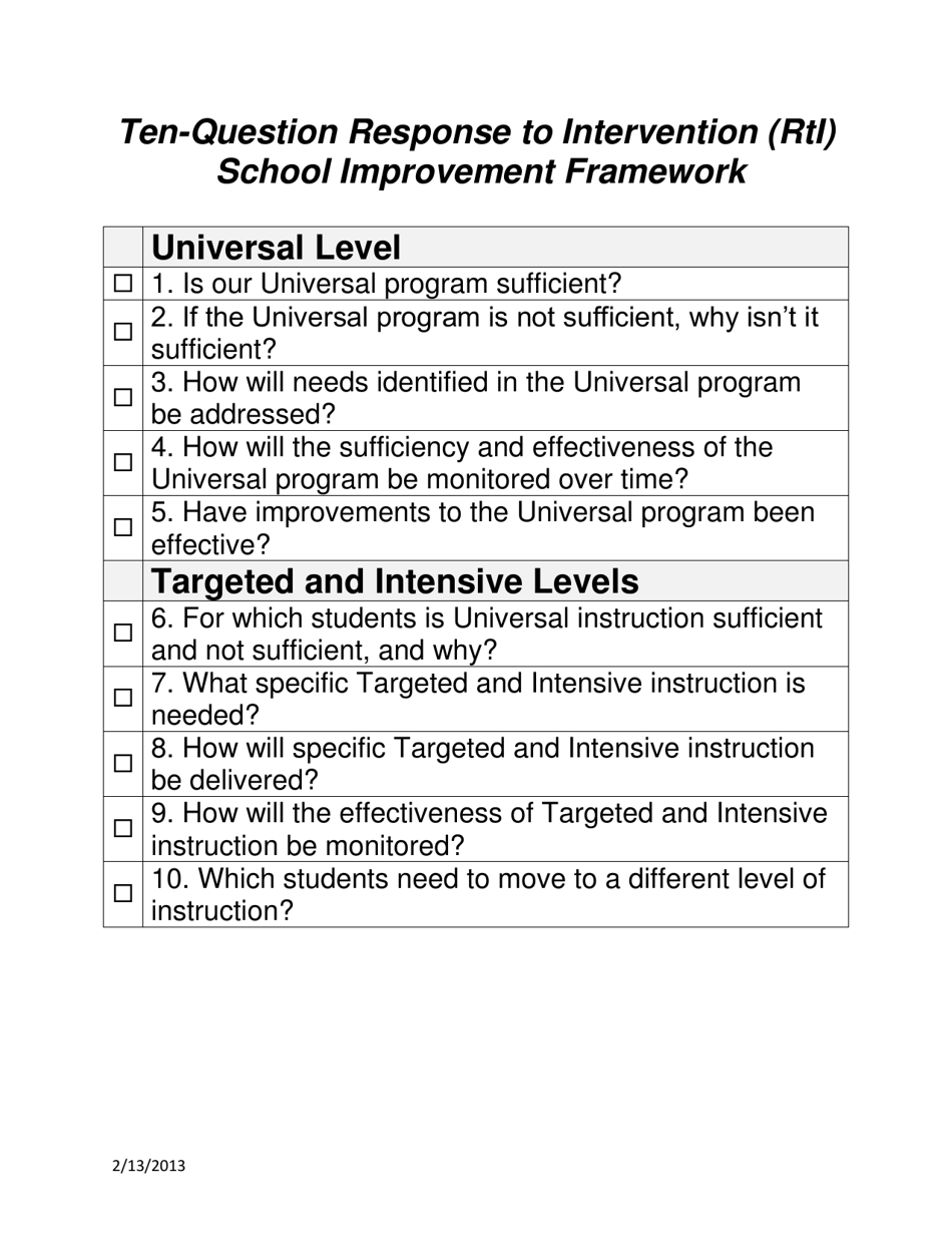 Ten-Question Response to Intervention (Rti) School Improvement Framework - Iowa, Page 1