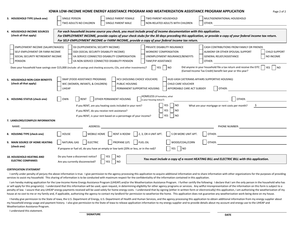 Iowa Low-Income Home Energy Assistance Program and Weatherization Assistance Program Application - Iowa, Page 2